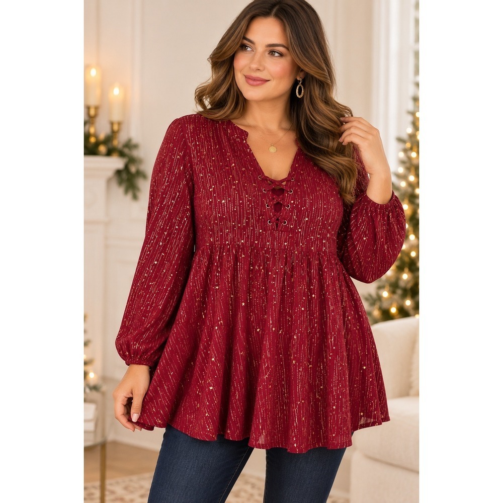 BloomChic Burgundy Gold Celestial Star Tunic 12 Lace Up Babydoll Blouse